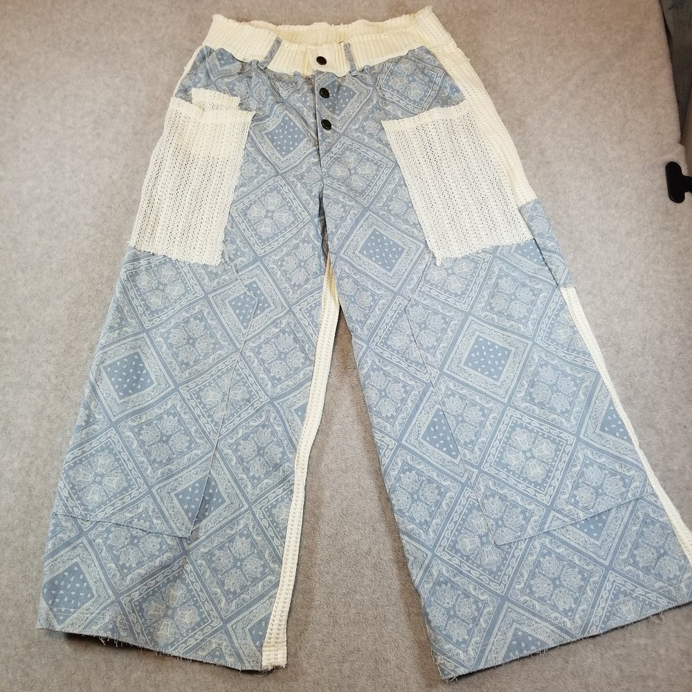 POL Pants Womens Medium Blue Cream Bandana Paisley Patchwork Wide Leg Boho Knit